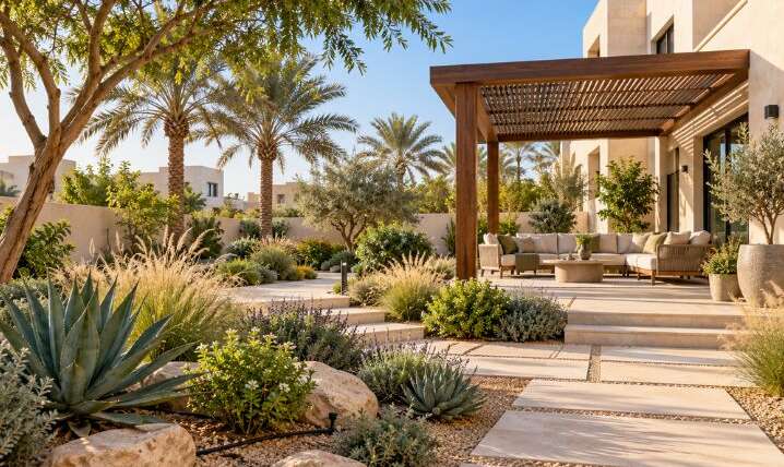 Sustainable landscaping in Dubai with desert-adapted plants, drip irrigation, stone pathways and a shaded villa seating area.