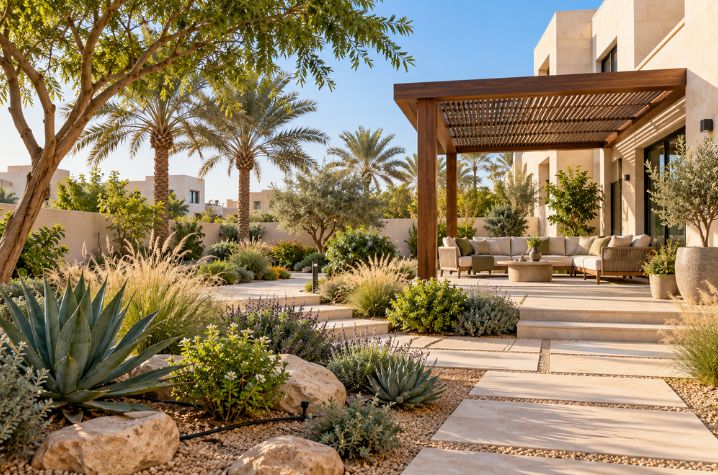 Sustainable landscaping in Dubai with desert-adapted plants, drip irrigation, stone pathways and a shaded villa seating area.